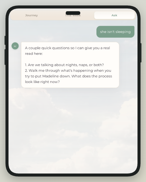 AI companion chat showing a real conversation about a baby's sleep
