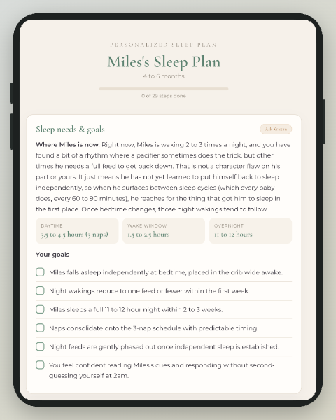 Personalized sleep plan screen showing Miles's Sleep Plan with goals and schedule